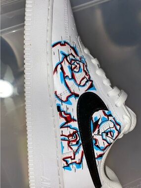 Nike White Low-Top Sneakers with Black Swoosh and Red-Blue Rose Graphic